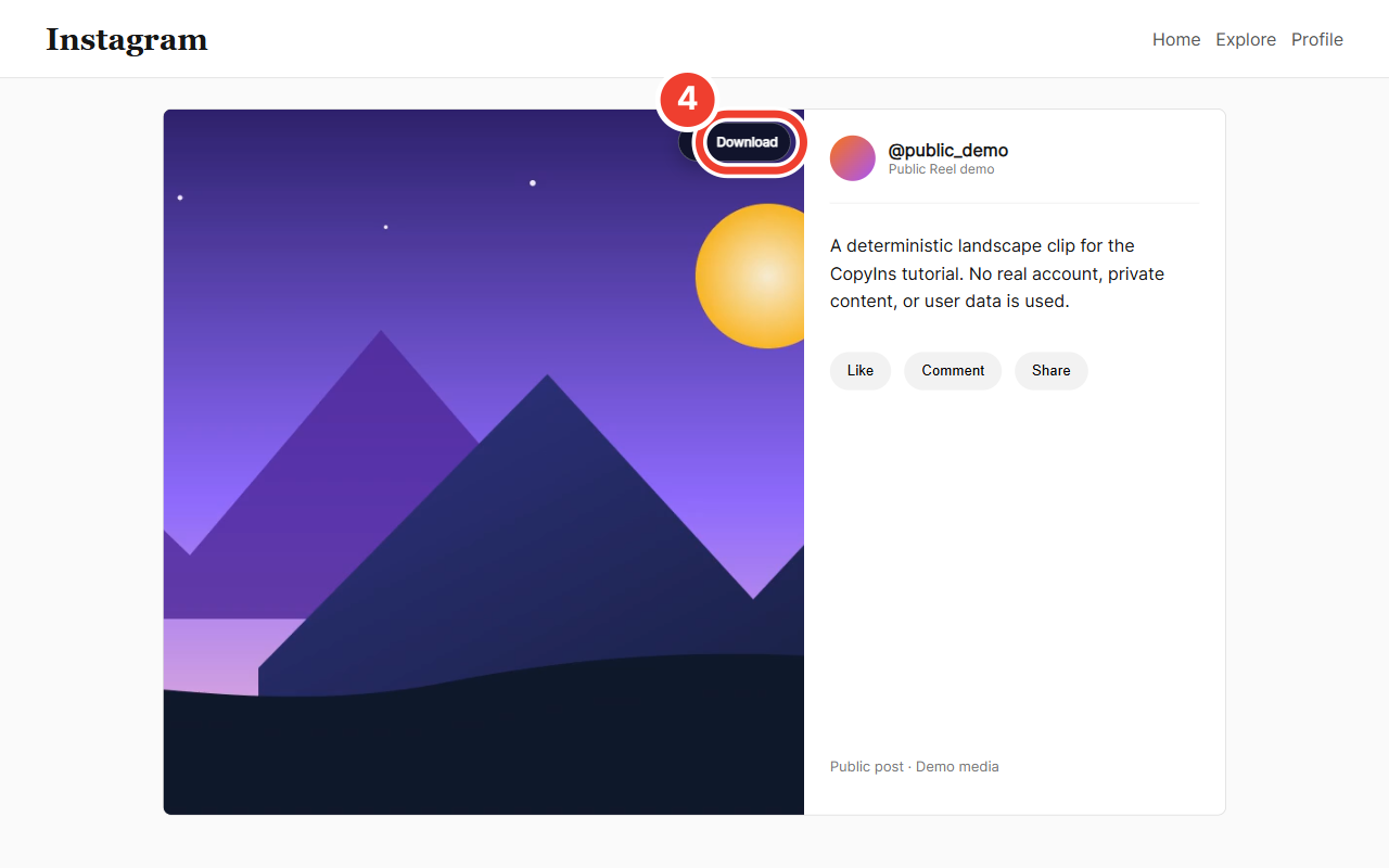 Instagram demo page in isolated Chromium with the CopyIns download button marked as step 4