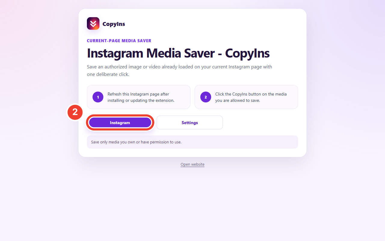 Instagram button on the English CopyIns welcome page marked as step 2