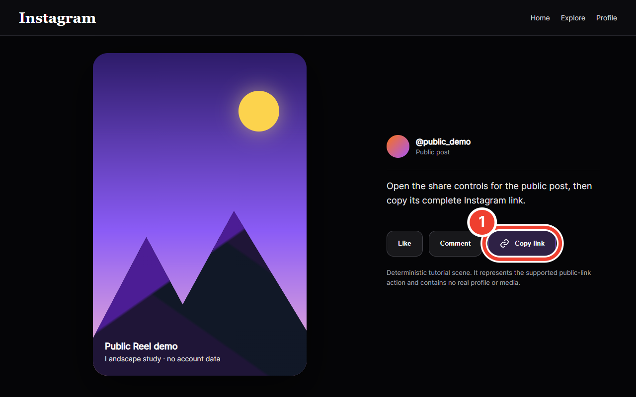 Public Instagram Reel demo with the Copy link control marked as step 1
